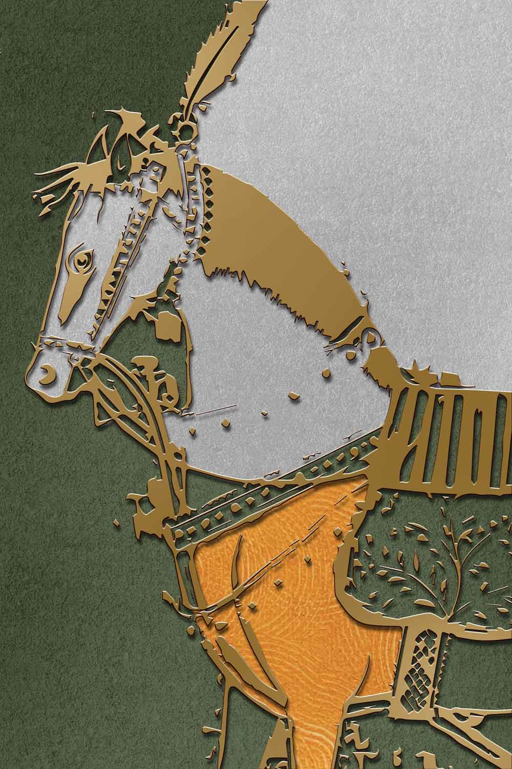 A canvas print featuring an artistic representation of a horse, with predominantly green and yellow colors, displayed above a grey sofa in a room with minimal decor.