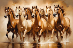 running horses painting, Vastu horse art, golden horse canvas, success wall art, luxury home décor.