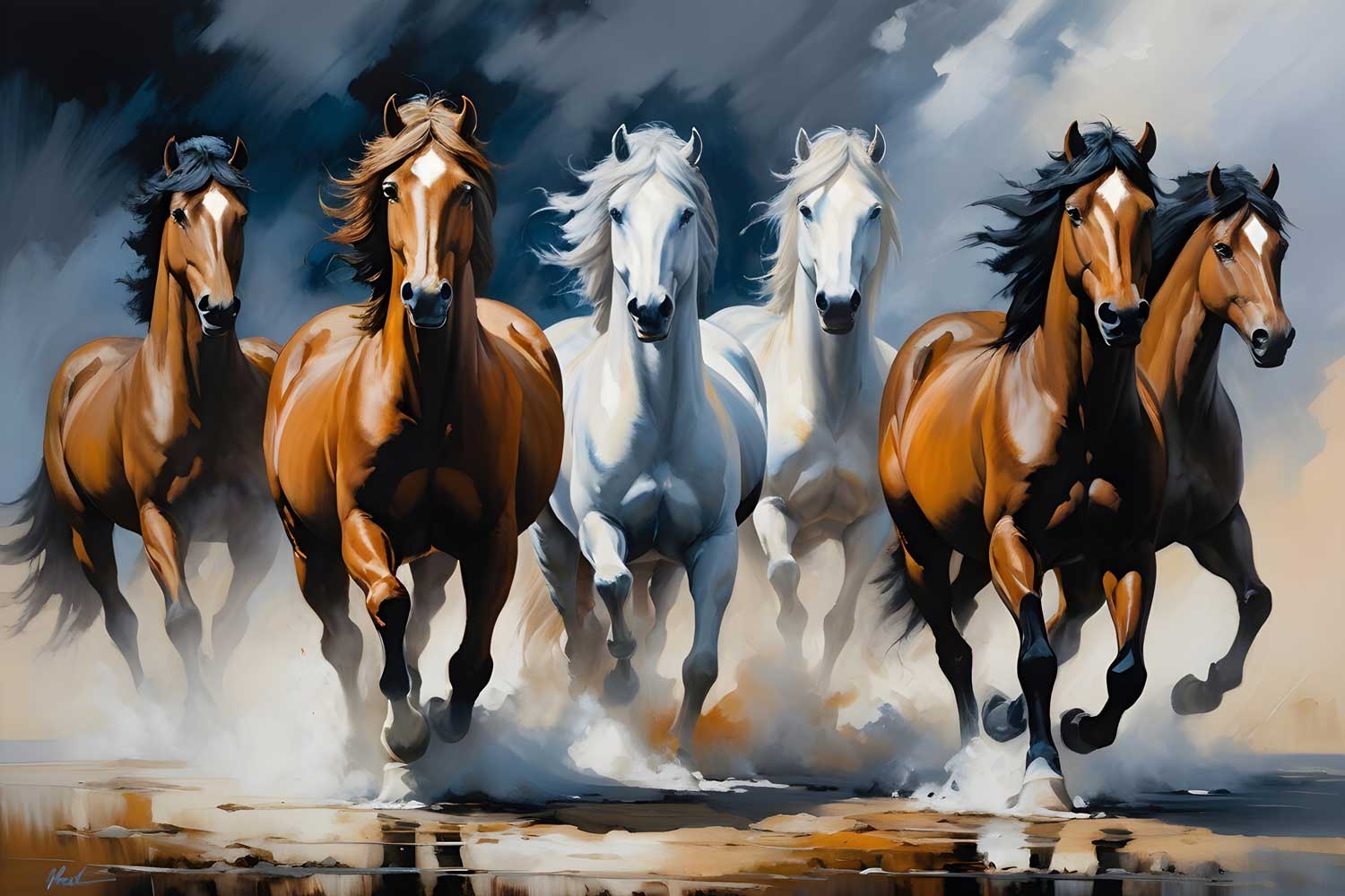 A canvas print featuring a dynamic painting of horses in motion, displayed above a modern sofa in a well-lit living room setting.