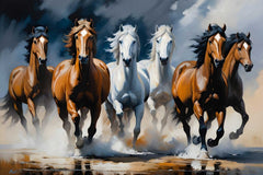 A canvas print featuring a dynamic painting of horses in motion, displayed above a modern sofa in a well-lit living room setting.