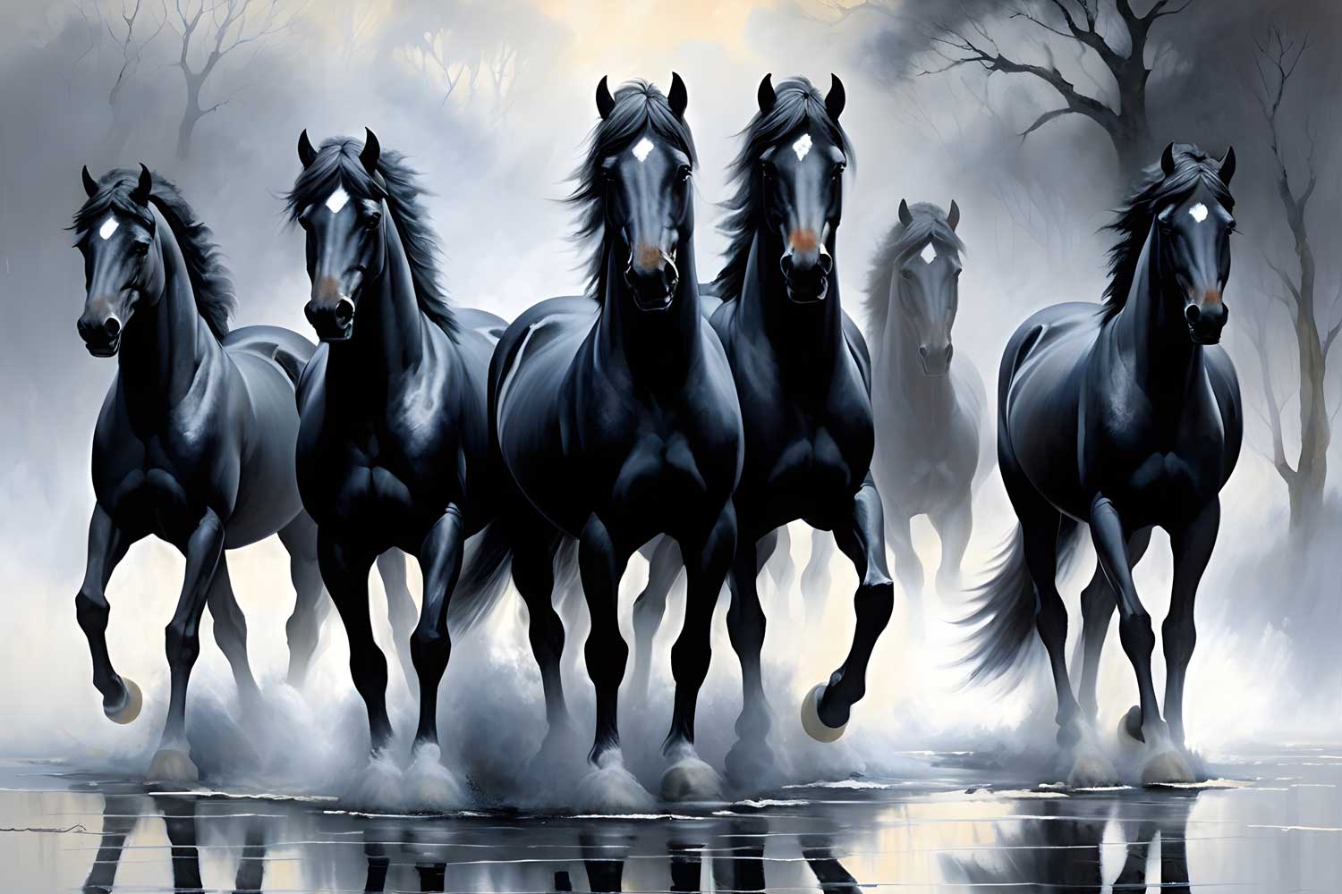 Black horse painting, running horses wall art, Vastu horse canvas, modern animal art, HD canvas painting.