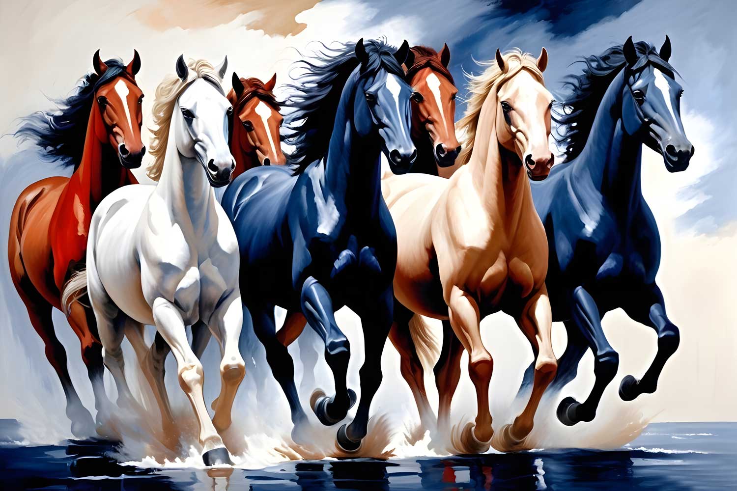 5 horses painting, multicolor horse canvas, vastu artwork, motivational wall art, office décor painting.