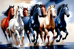 5 horses painting, multicolor horse canvas, vastu artwork, motivational wall art, office décor painting.