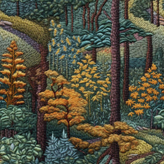 A framed 'Tranquil Forest Painting' hanging on a wall above a blue couch, with a potted plant and minimalist furniture in the background.