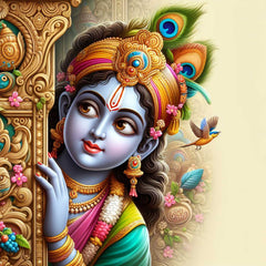 A canvas print of the Hindu deity Lord Krishna, displayed above a gray sofa in a room with a minimalist decor.