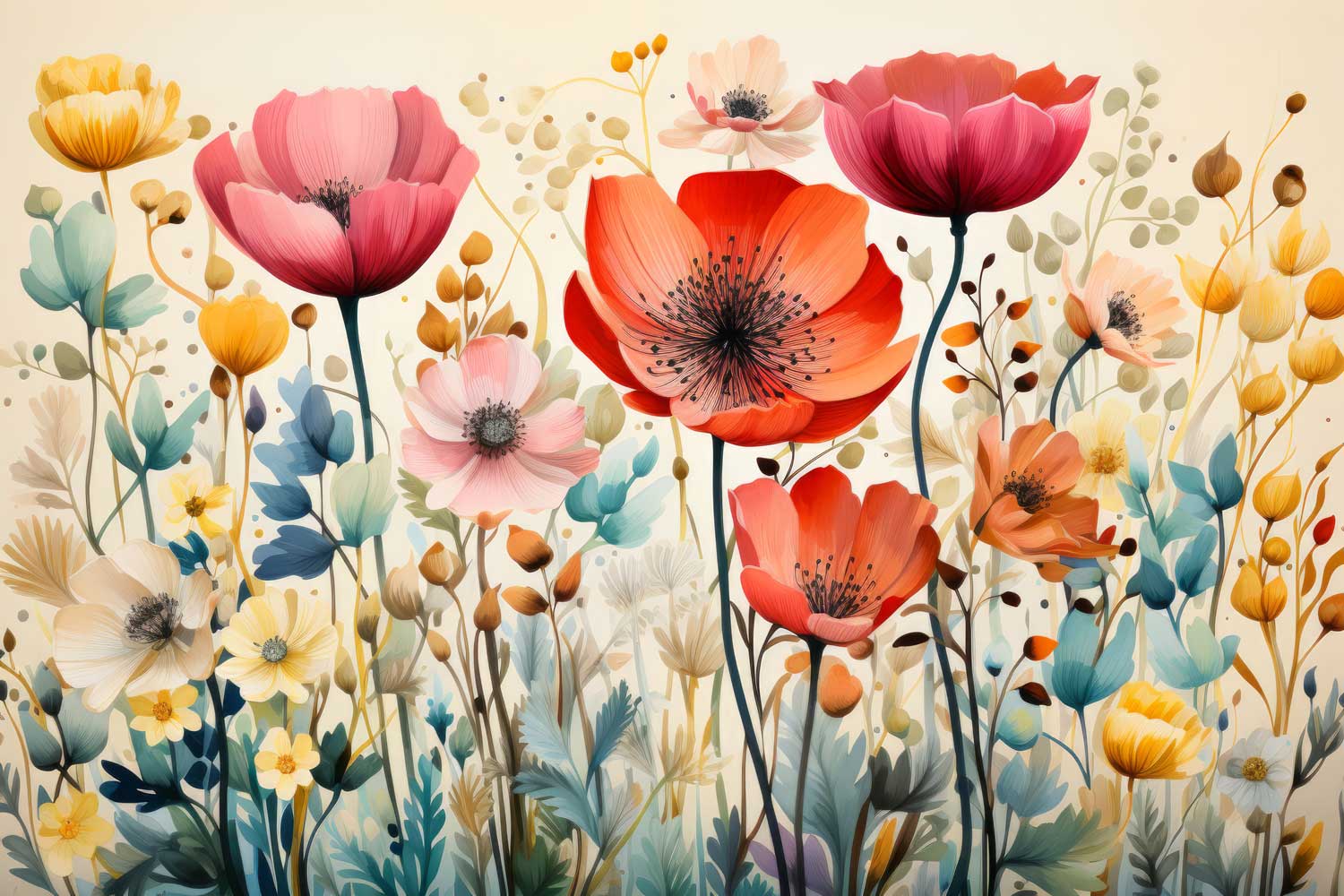 A canvas print featuring a vibrant floral arrangement displayed on a wall above a blue sofa in a well-lit, modern living room setting.