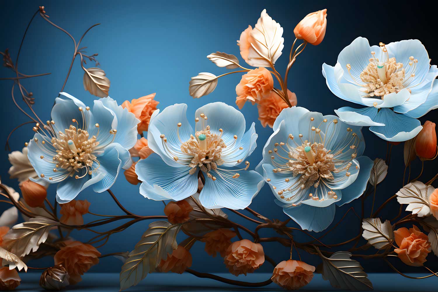 A canvas print of blue and pink flowers displayed above a brown sofa in a room with minimalist decor and a wooden floor.