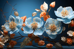 A canvas print of blue and pink flowers displayed above a brown sofa in a room with minimalist decor and a wooden floor.