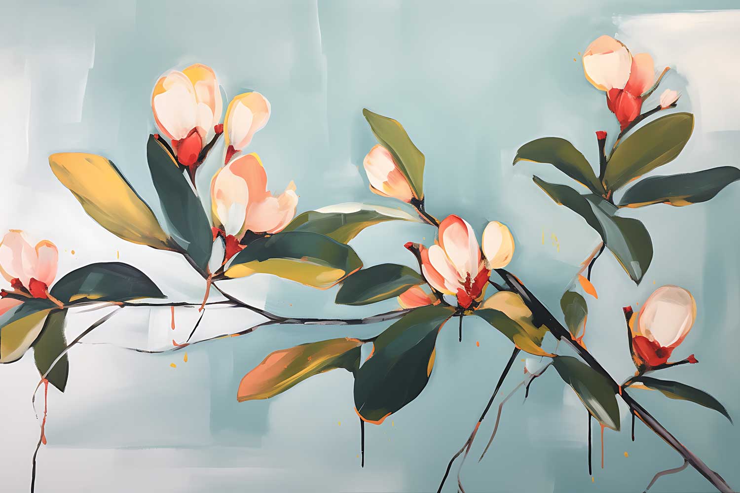 A canvas print of magnolia branches hanging on a wall above a grey sofa, with a white door and a potted plant in the background.