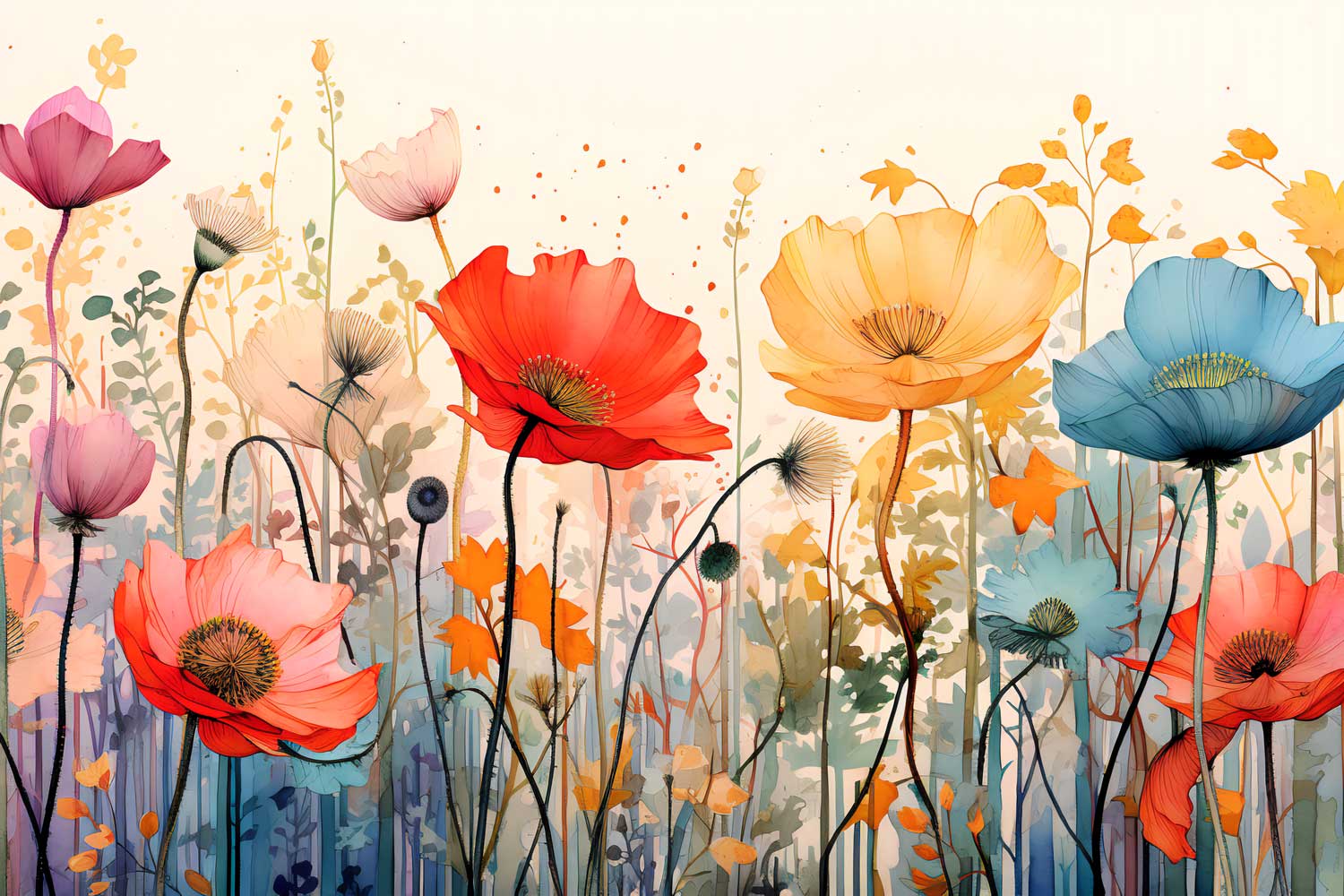 A canvas print featuring a vibrant floral pattern with various colors, displayed on a wall above a bed in a room with modern decor.