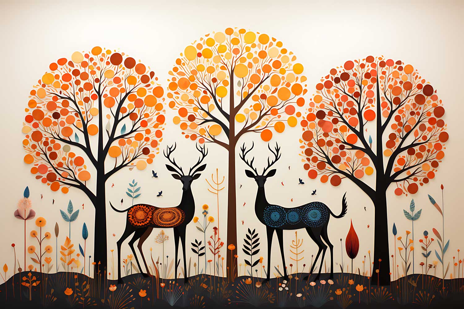 A canvas painting depicting an Indian nature scene with a moon, trees, and an elephant, displayed above a modern sofa in a room with minimalistic decor.