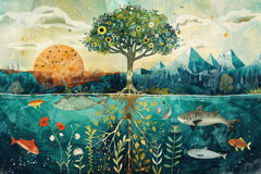 A whimsical painting depicting a tree with a whimsical face, displayed on a wall above a grey sofa in a room with a large window and a potted plant.