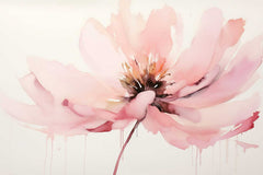 A canvas painting of a pink flower displayed above a bed in a room with pink walls.