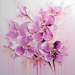 A canvas print featuring a vibrant painting of hyacinth flowers, displayed on a wall above a beige sofa with a wooden frame.