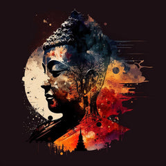 A canvas print featuring an artistic depiction of a figure, possibly a Buddha, with a stylized, abstract design in a multicolored palette, displayed on a wall in a room setting.