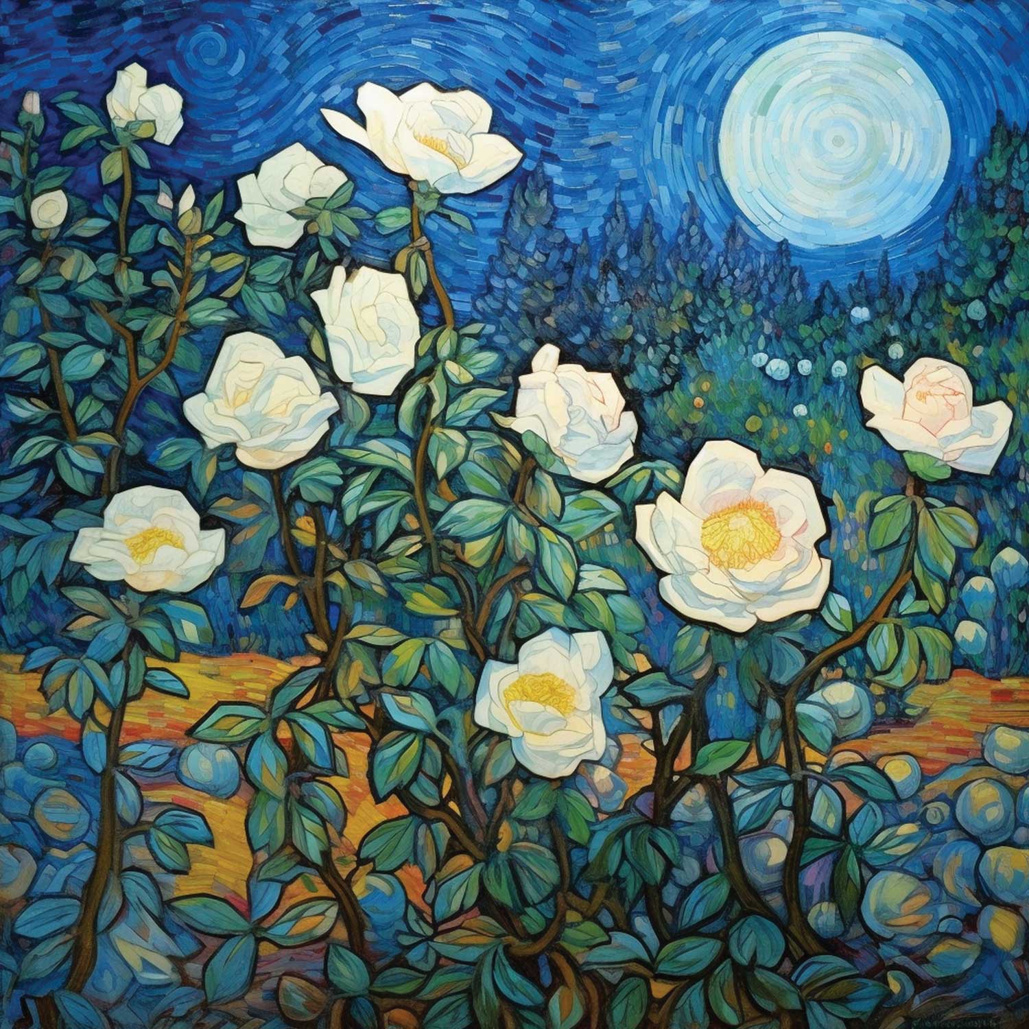 A canvas print featuring a vibrant floral scene with a nighttime background, displayed on a wall above a blue sofa in a well-lit living room setting.