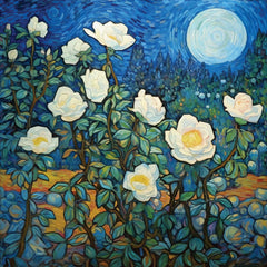 A canvas print featuring a vibrant floral scene with a nighttime background, displayed on a wall above a blue sofa in a well-lit living room setting.