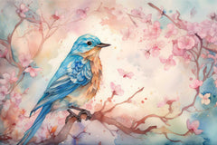 A canvas painting of a bird on a branch with floral elements, displayed above a grey sofa in a room with a light blue wall.