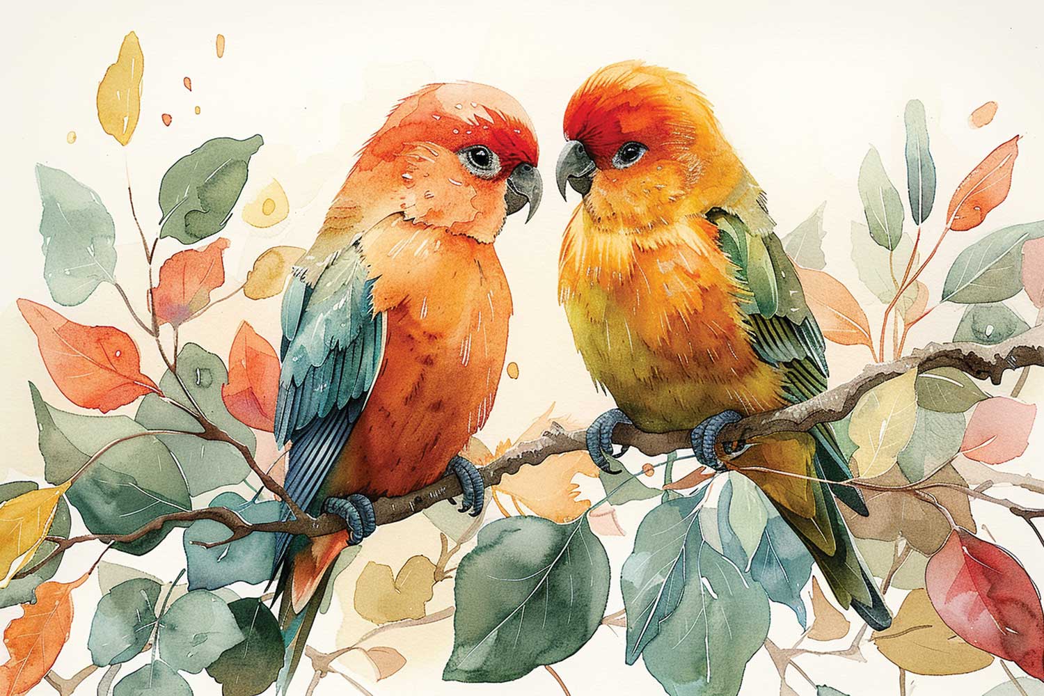 A canvas painting depicting two colorful birds perched on a branch, displayed on a wall above a table with a white vase and decorative items.