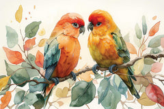 A canvas painting depicting two colorful birds perched on a branch, displayed on a wall above a table with a white vase and decorative items.
