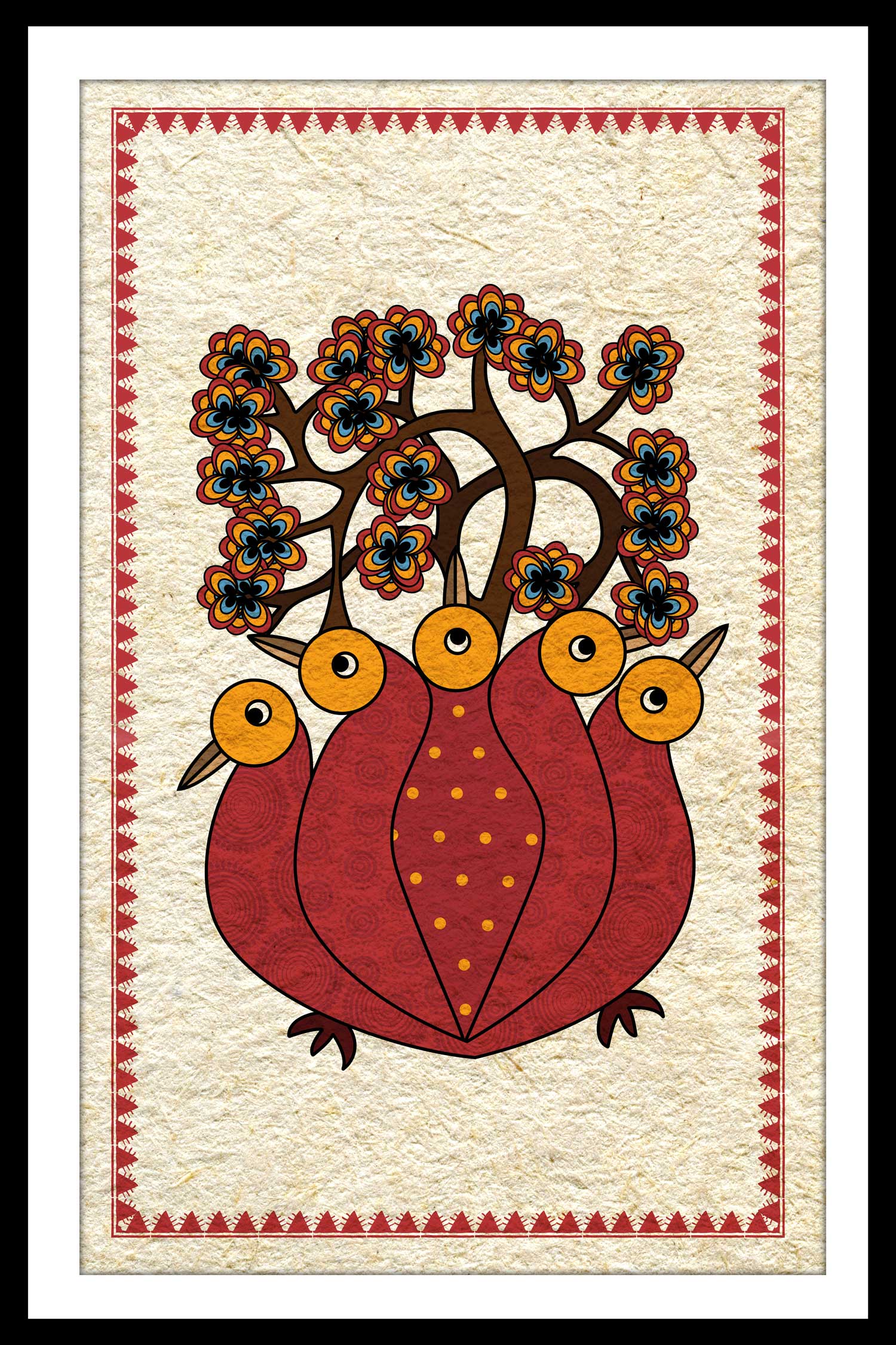 A canvas print featuring a traditional Indian gond art scene displayed on a wall above a modern sofa, with a potted plant and minimalist decor.