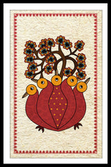 A canvas print featuring a traditional Indian gond art scene displayed on a wall above a modern sofa, with a potted plant and minimalist decor.