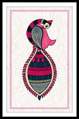 A framed canvas print depicting an abstract fish design hanging on a wall over a table in a room with stairs to the left.