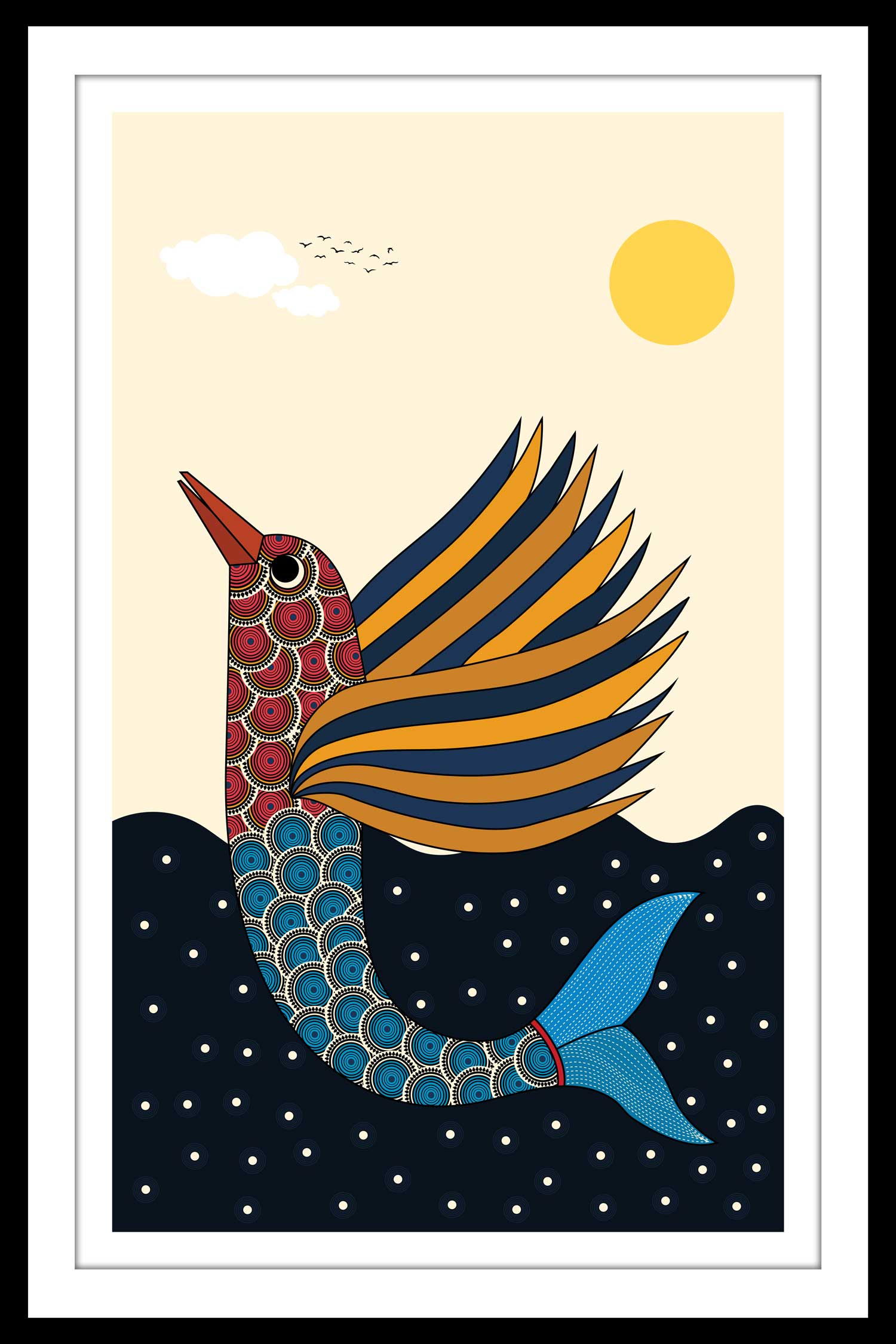 A canvas print featuring an artistic depiction of a bird and aquatic life, framed and displayed on a wall above a modern living room setup with a chair, lamp, and plant.