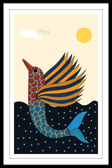 A canvas print featuring an artistic depiction of a bird and aquatic life, framed and displayed on a wall above a modern living room setup with a chair, lamp, and plant.