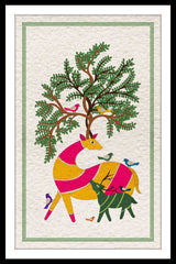 A canvas print featuring a traditional Indian scene with a green background, displayed on a wall above a modern white sofa with a potted plant and minimalist furniture.