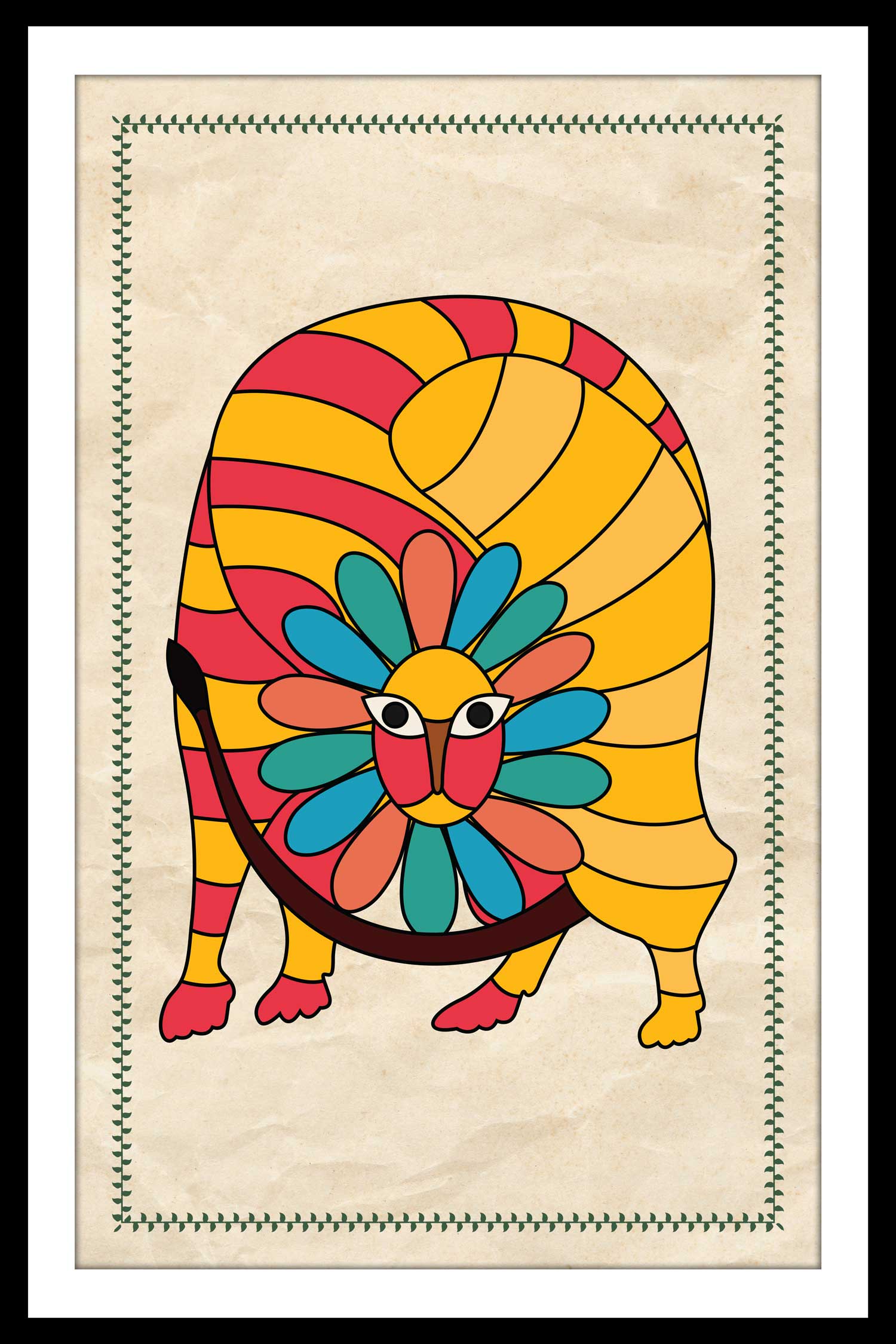 A canvas print featuring a colorful parrot design artwork, framed or unframed, displayed on a wall above a modern living room setup with a sofa, armchairs, and a potted plant.