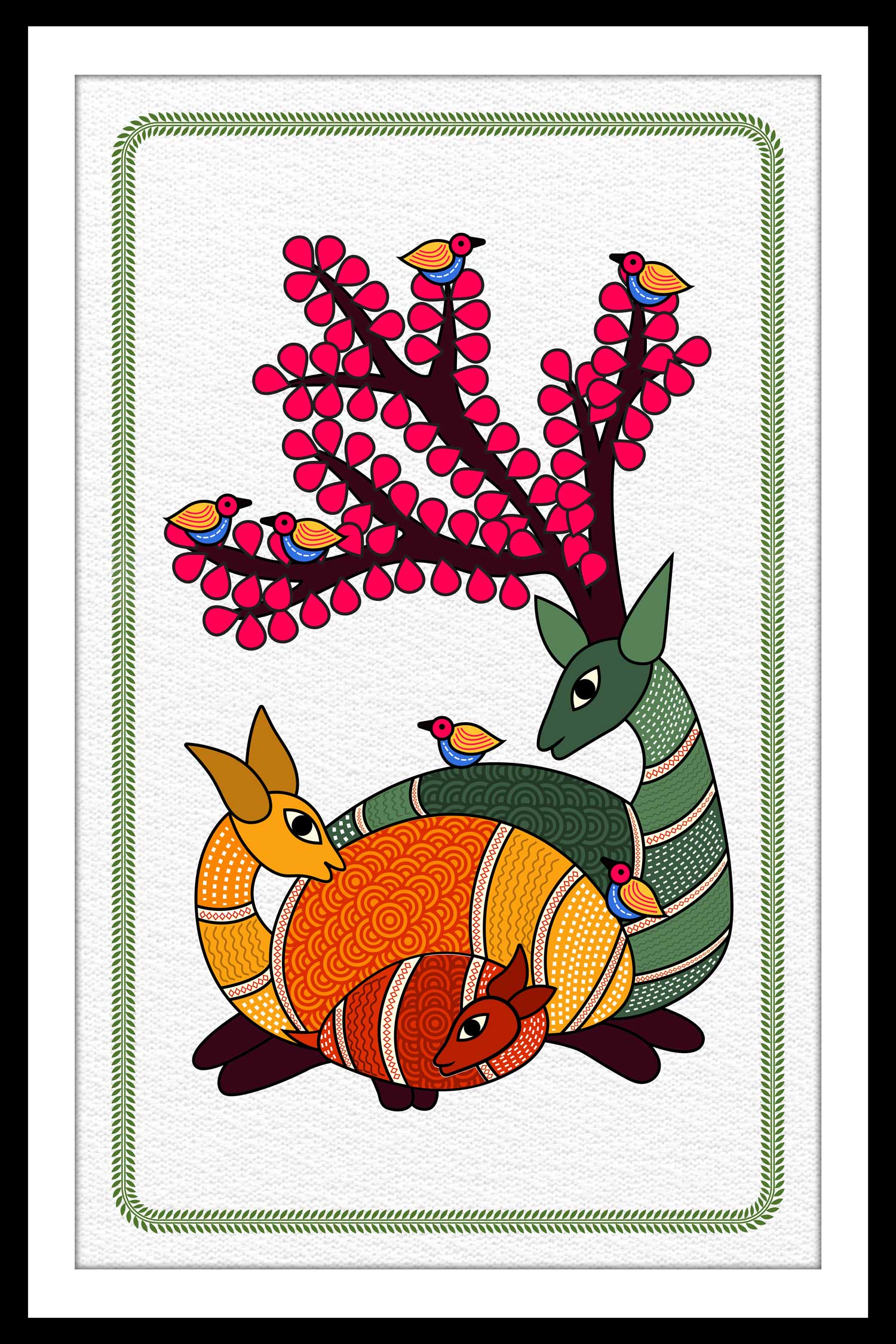 A canvas print featuring a colorful artistic depiction of a deer and floral elements, framed and displayed on a wall above a modern leather sofa in a well-decorated living room.