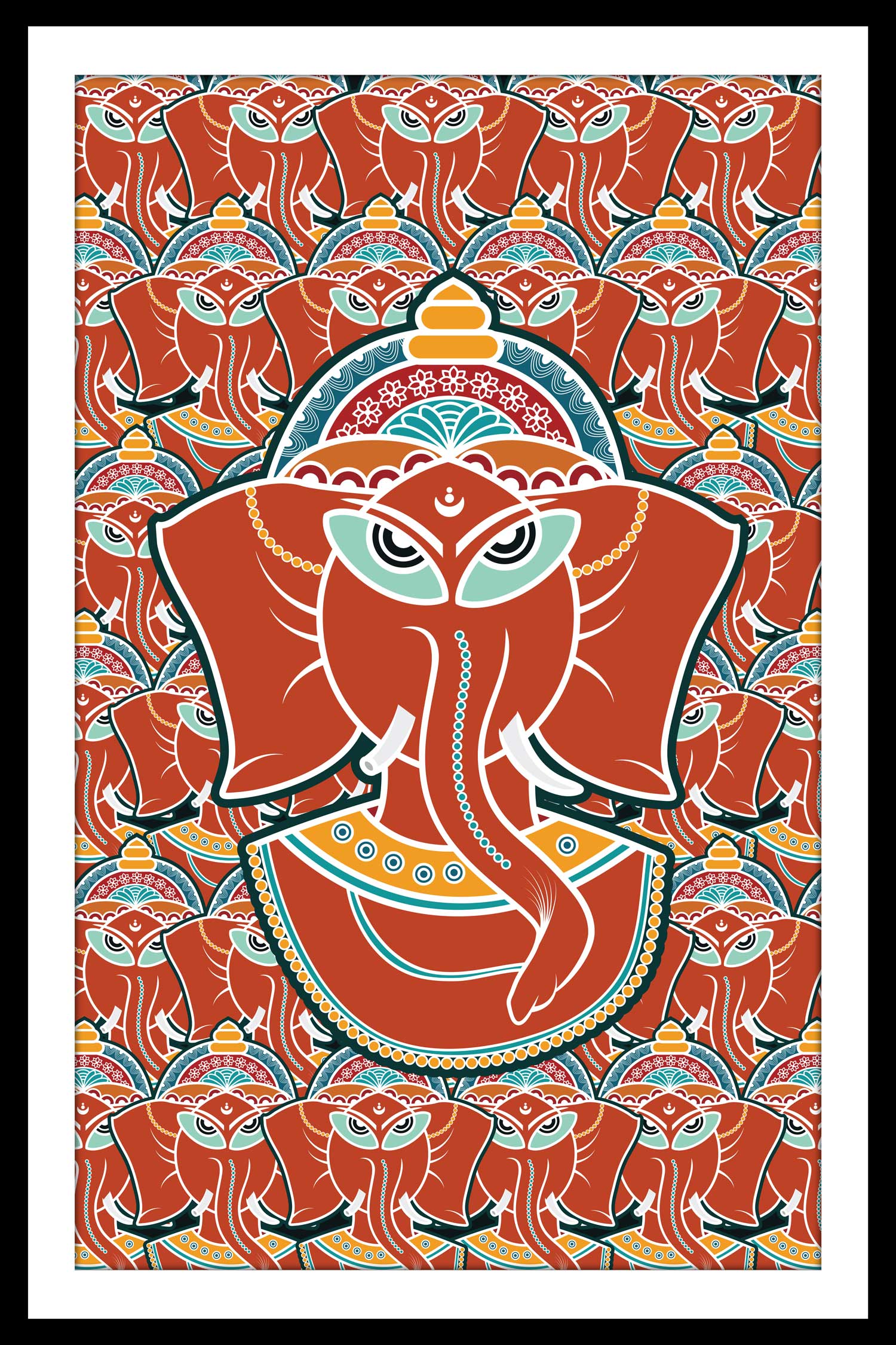 A canvas print featuring a colorful illustration of Lord Ganesha, displayed on a wall above a modern leather chair with orange plants and decorative items in a bright room.