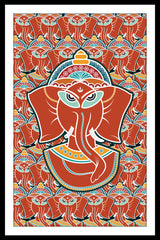 A canvas print featuring a colorful illustration of Lord Ganesha, displayed on a wall above a modern leather chair with orange plants and decorative items in a bright room.