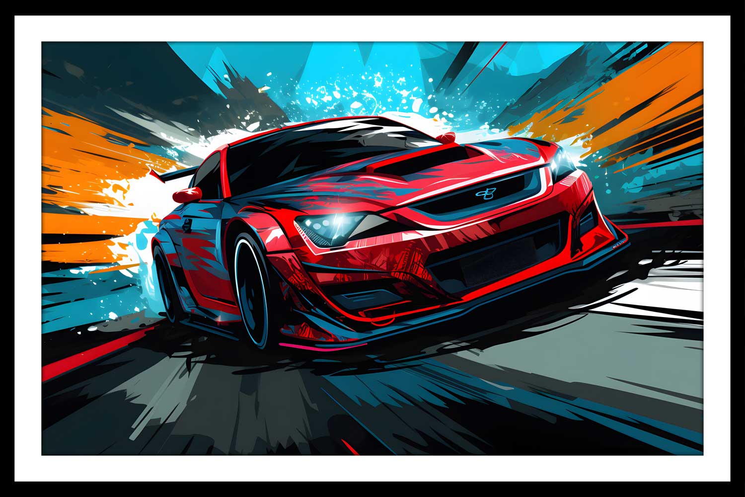 A framed canvas painting of a sport car displayed on a wall over a white sofa in a living room setting.