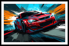 A framed canvas painting of a sport car displayed on a wall over a white sofa in a living room setting.