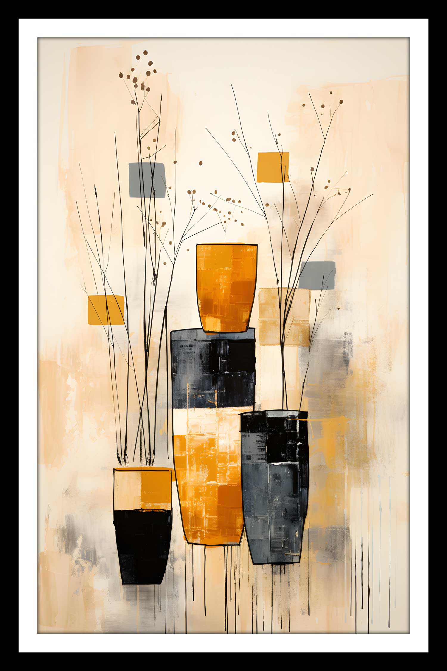 A canvas print featuring abstract art is displayed on a wall above a brown sofa with yellow and patterned pillows. The room also includes a wooden rocking chair, a white lamp, and a round area rug with a colorful pattern.