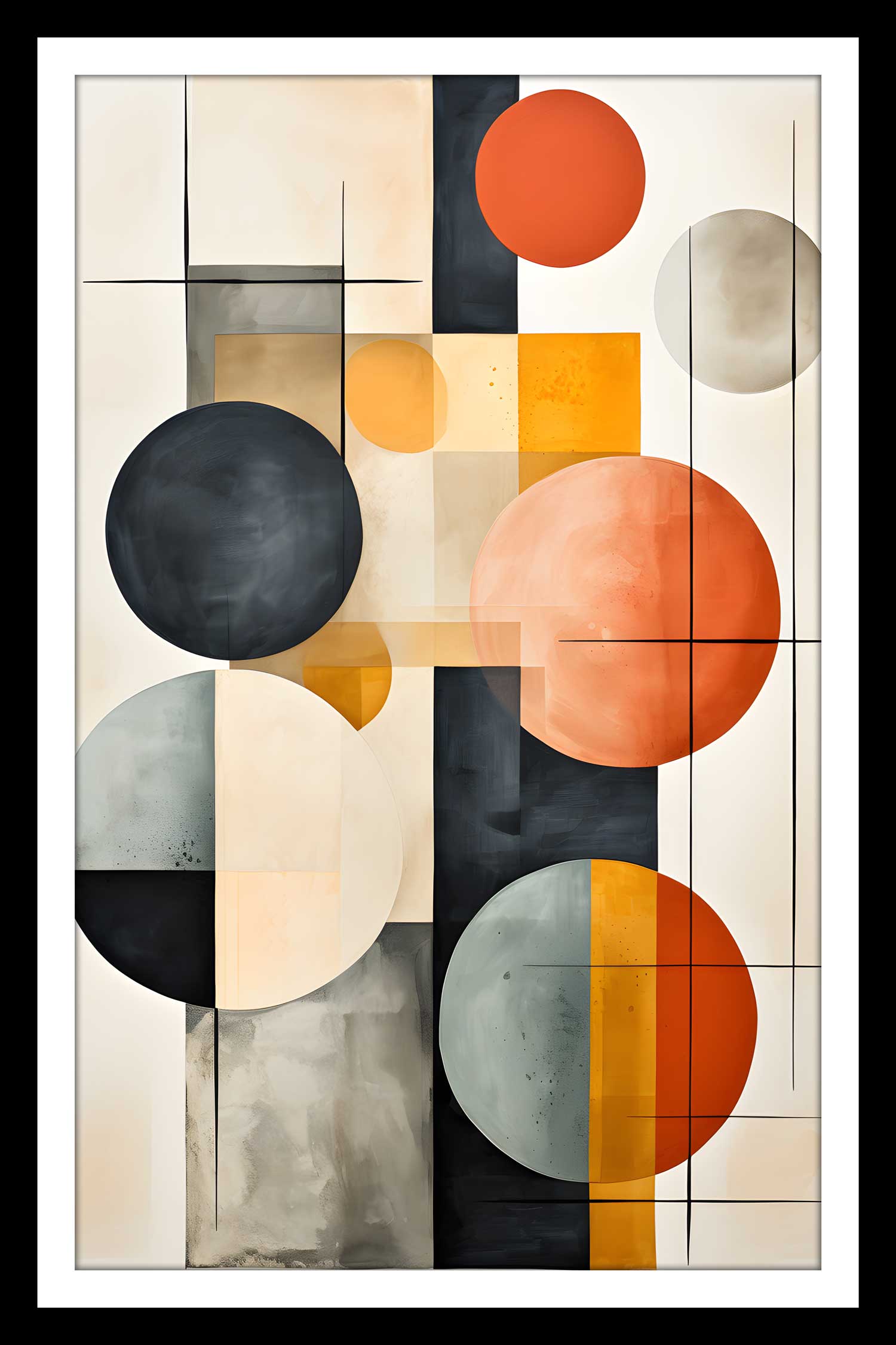 A modern geometric canvas painting featuring circles in black, white, gray, and orange, displayed in a room with a pink armchair.