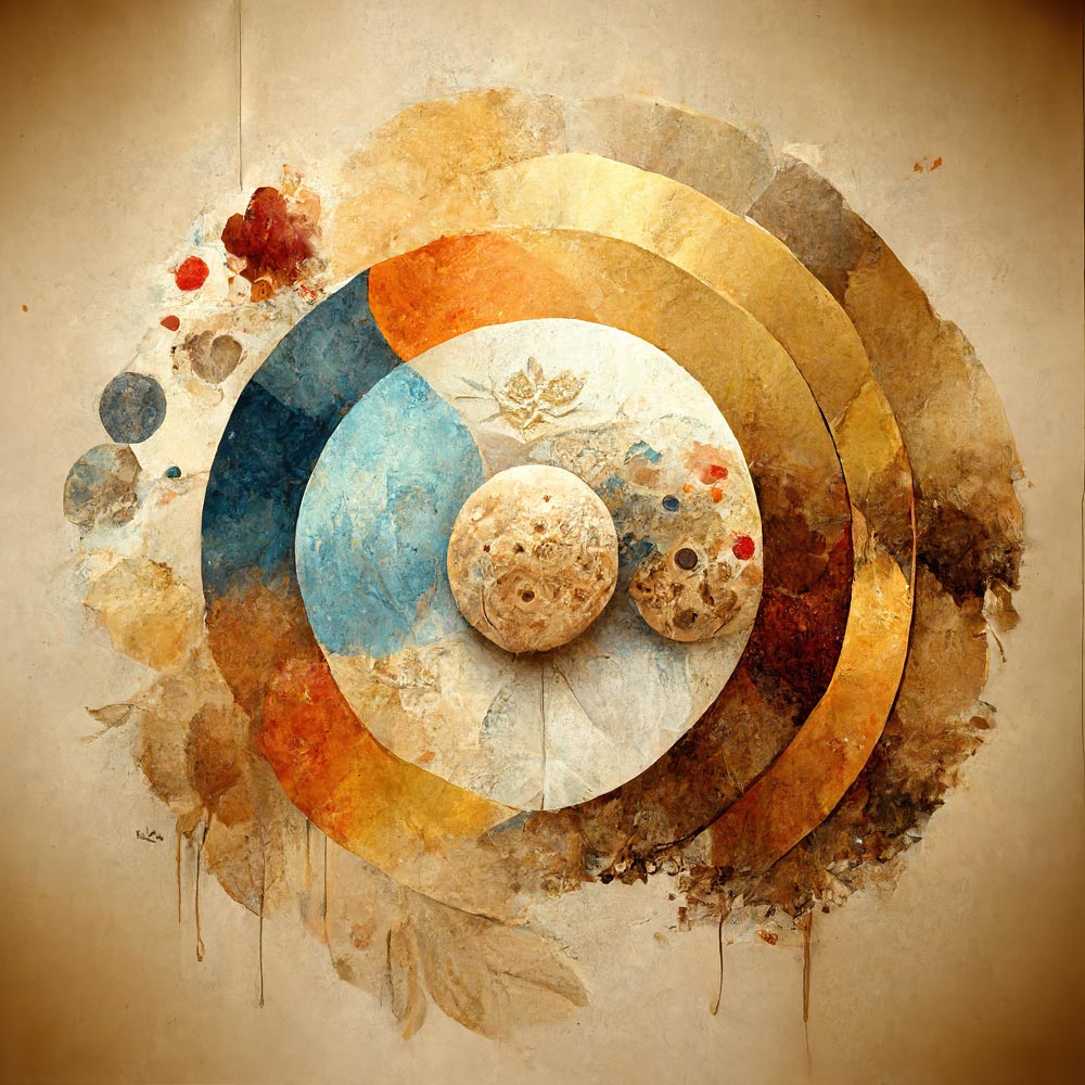 A canvas print featuring an abstract circular pattern with a central point from which radiate colorful, curved lines and shapes, resembling a stylized representation of the solar system or a target.