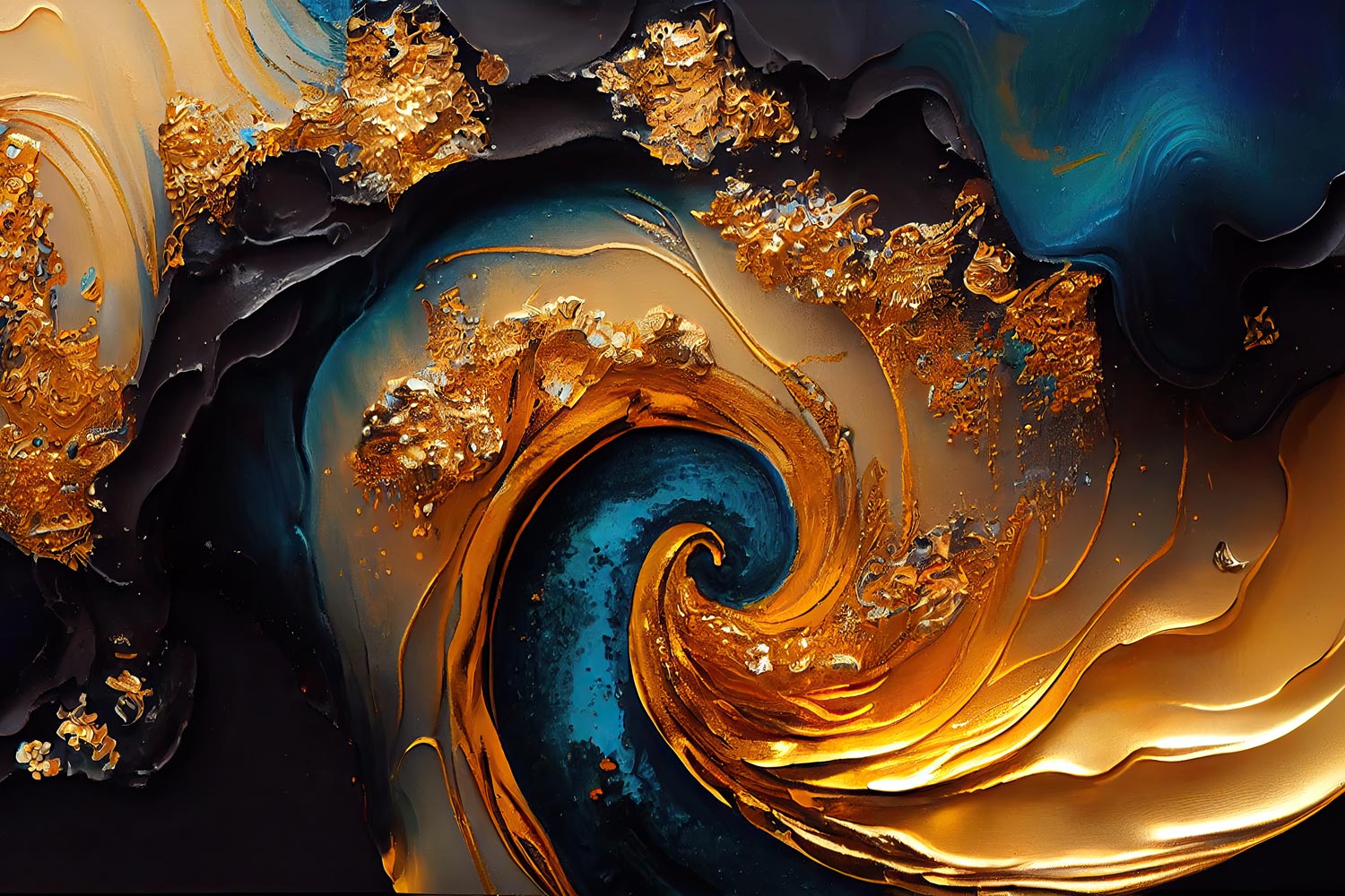 A canvas print featuring an abstract design with gold and dark blue swirling elements, displayed above a modern desk with a blue chair in a room setting.