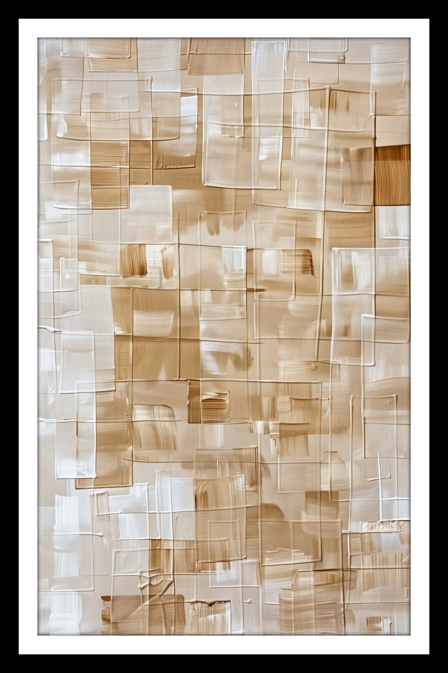 A geometric square shape canvas print hanging on a wall over a white chair and wooden floor, with a framed picture to the side and a lamp above the chair.