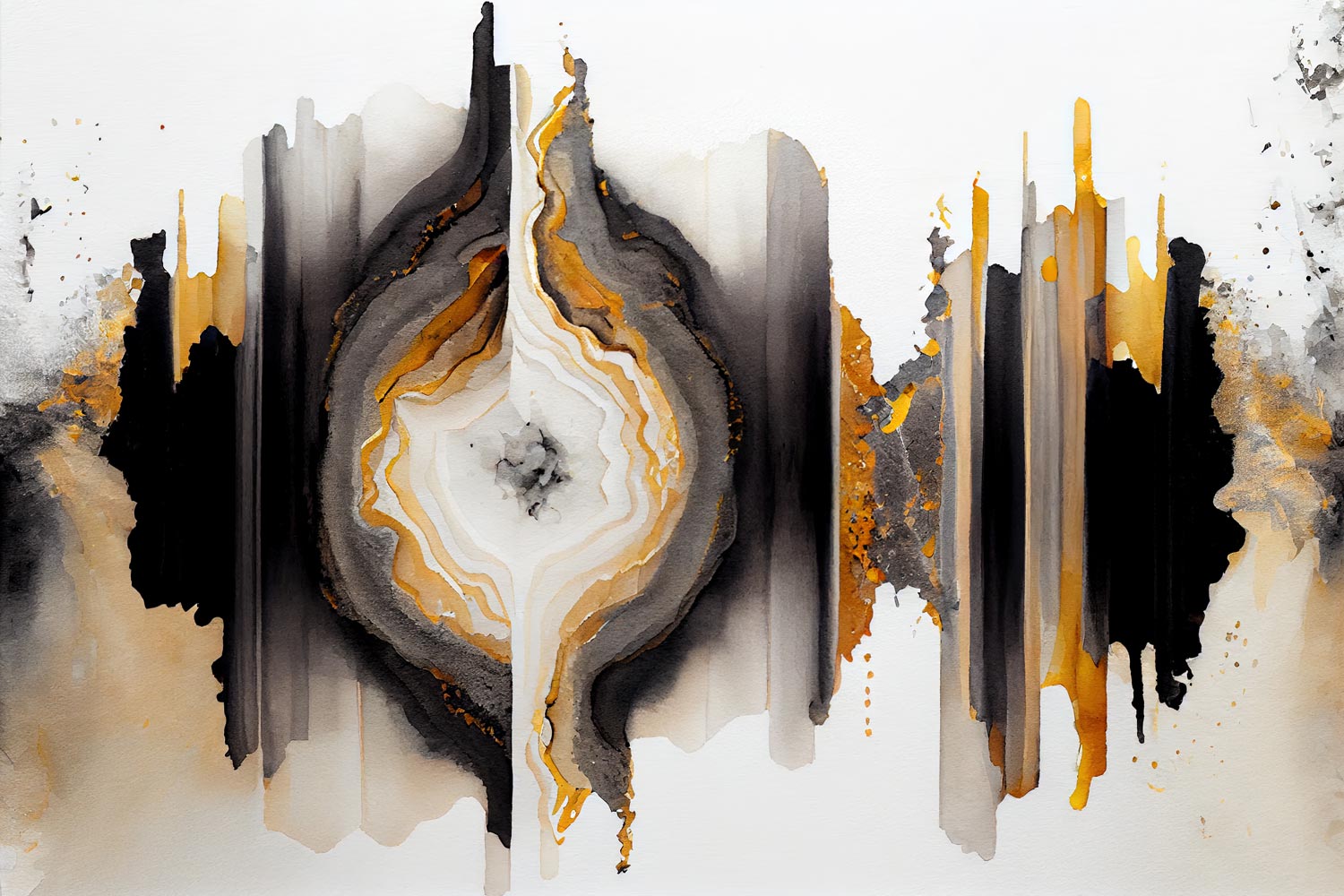 A canvas print featuring an abstract design with black, white, and gold colors, displayed above a white sofa on a blue wall.