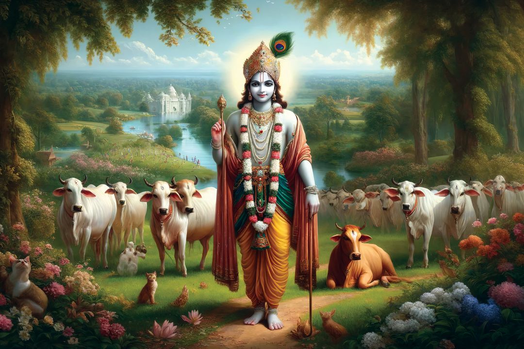 A canvas print depicting a painting of Lord Radha Krishna with a colorful background, displayed on a wall above a modern sofa set.