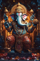 A canvas print of the Hindu god Ganesha, depicted with multiple arms and a blue elephant head, standing in a position of power with a colorful background.