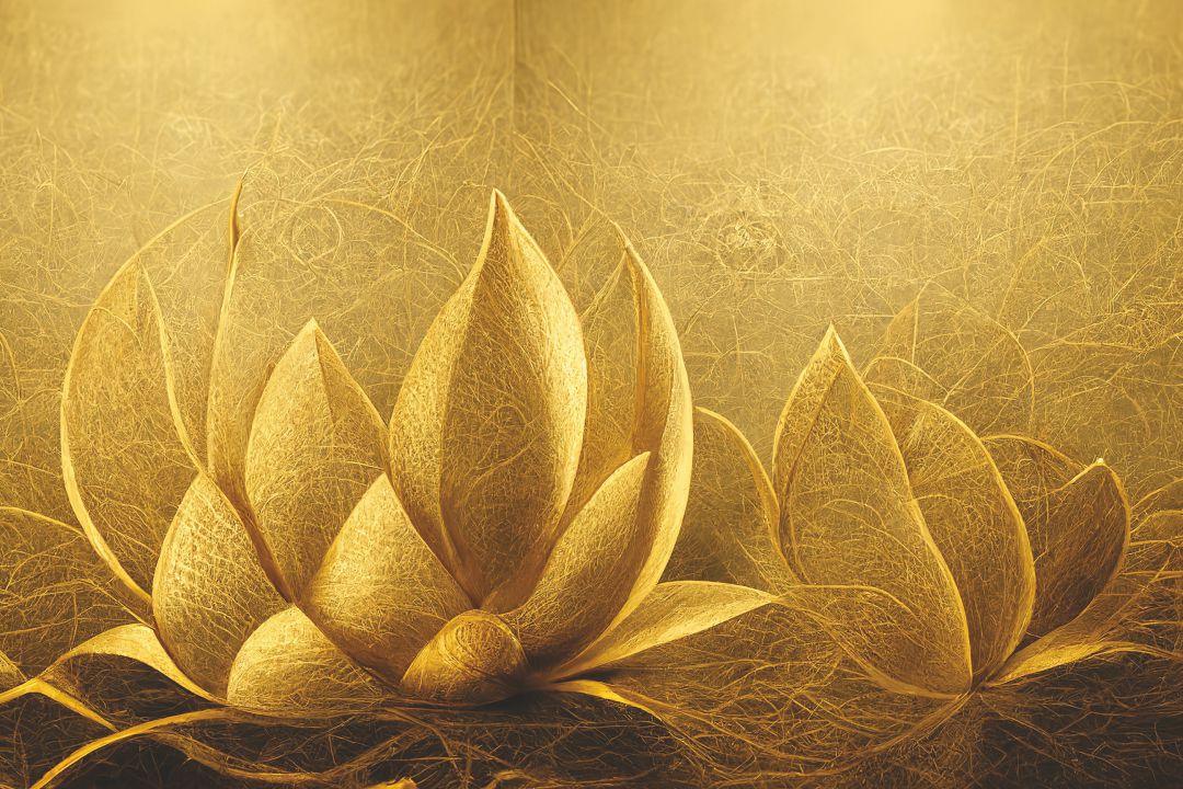 A canvas print featuring a golden lotus flower positioned above a beige sofa, with a wooden frame, in a room with a window and a purple flower vase on the side.