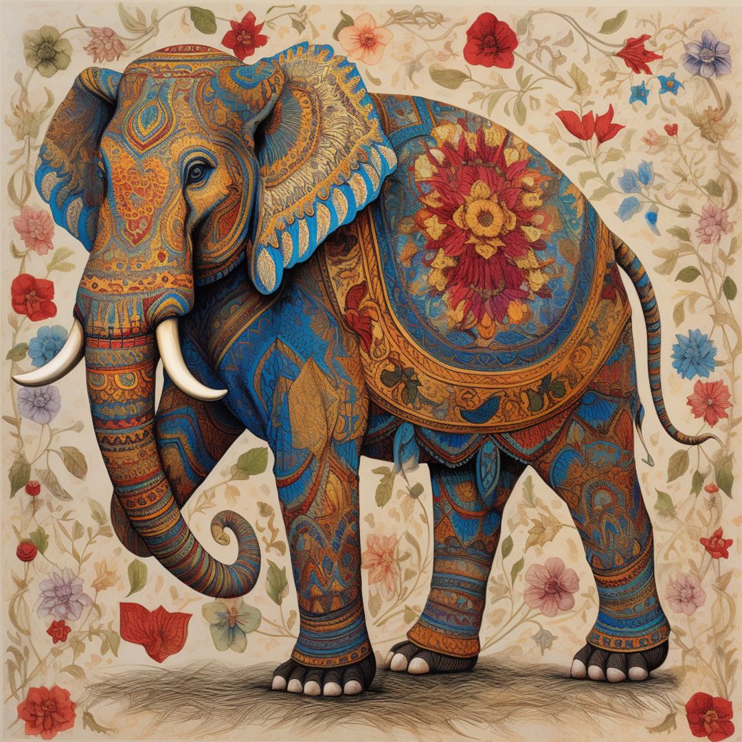 A canvas print featuring a colorful illustration of an elephant with a traditional and decorative pattern, displayed on a wall above a modern sofa with a wooden frame and a lamp.