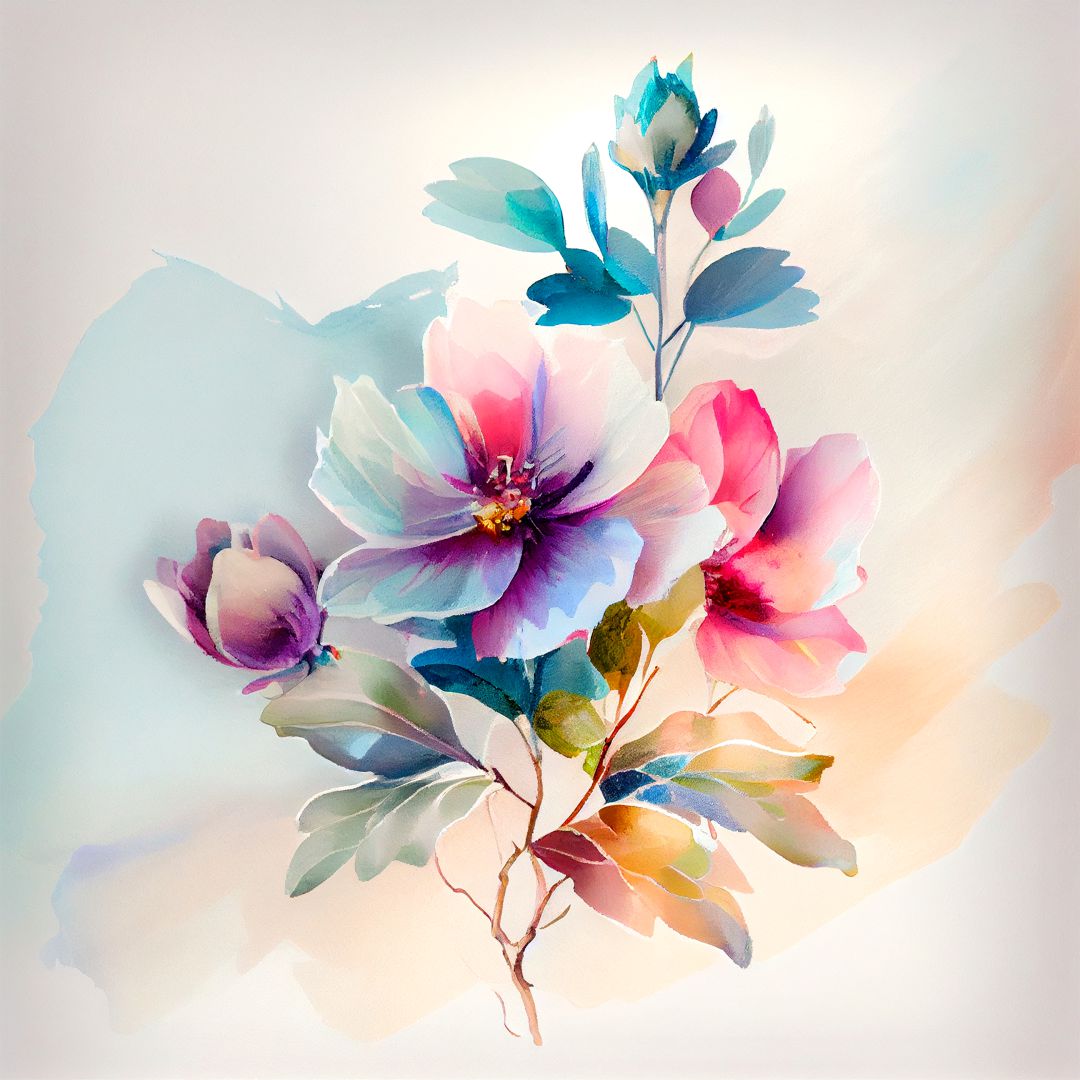 A canvas print featuring a multicolor flower pattern, displayed on a wall above a brown sofa, with a wooden floor and a plant in the background.