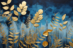 A canvas print featuring a blue background with gold decorative flowers, displayed above a grey sofa on a wooden wall.