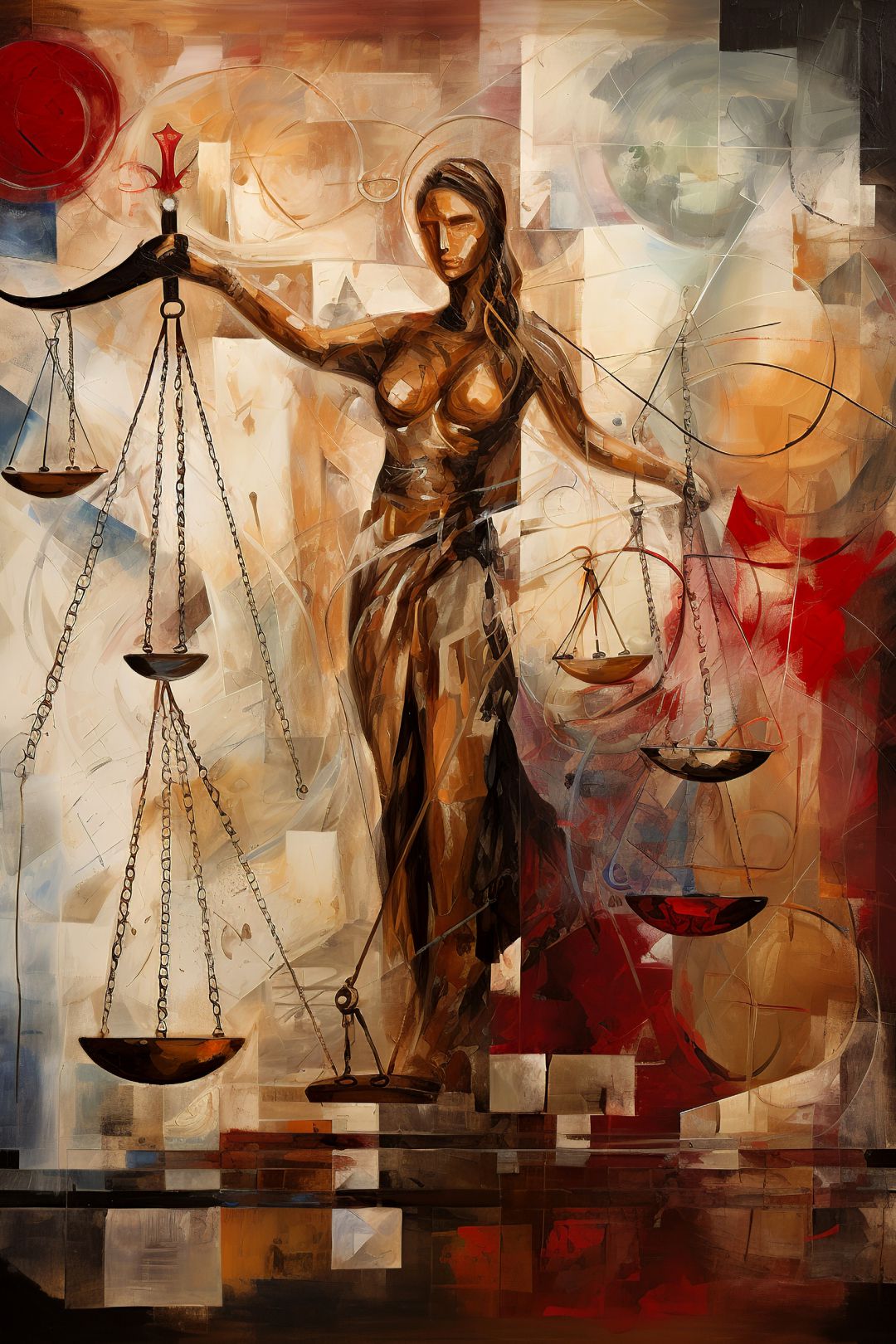 A canvas print featuring a stylized female figure with a scale in the background, positioned in the center of the frame, with a blend of abstract and representational elements.
