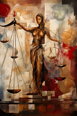 A canvas print featuring a stylized female figure with a scale in the background, positioned in the center of the frame, with a blend of abstract and representational elements.